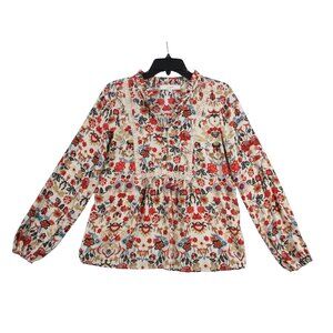 LOFT Floral Print Long Sleeve Peasant Blouse With Lace Trim Size S